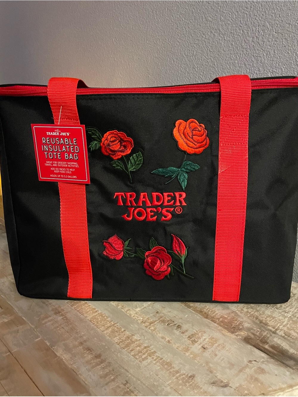 Insulated Trader Joe's Black Tote Bag with Rose Accents